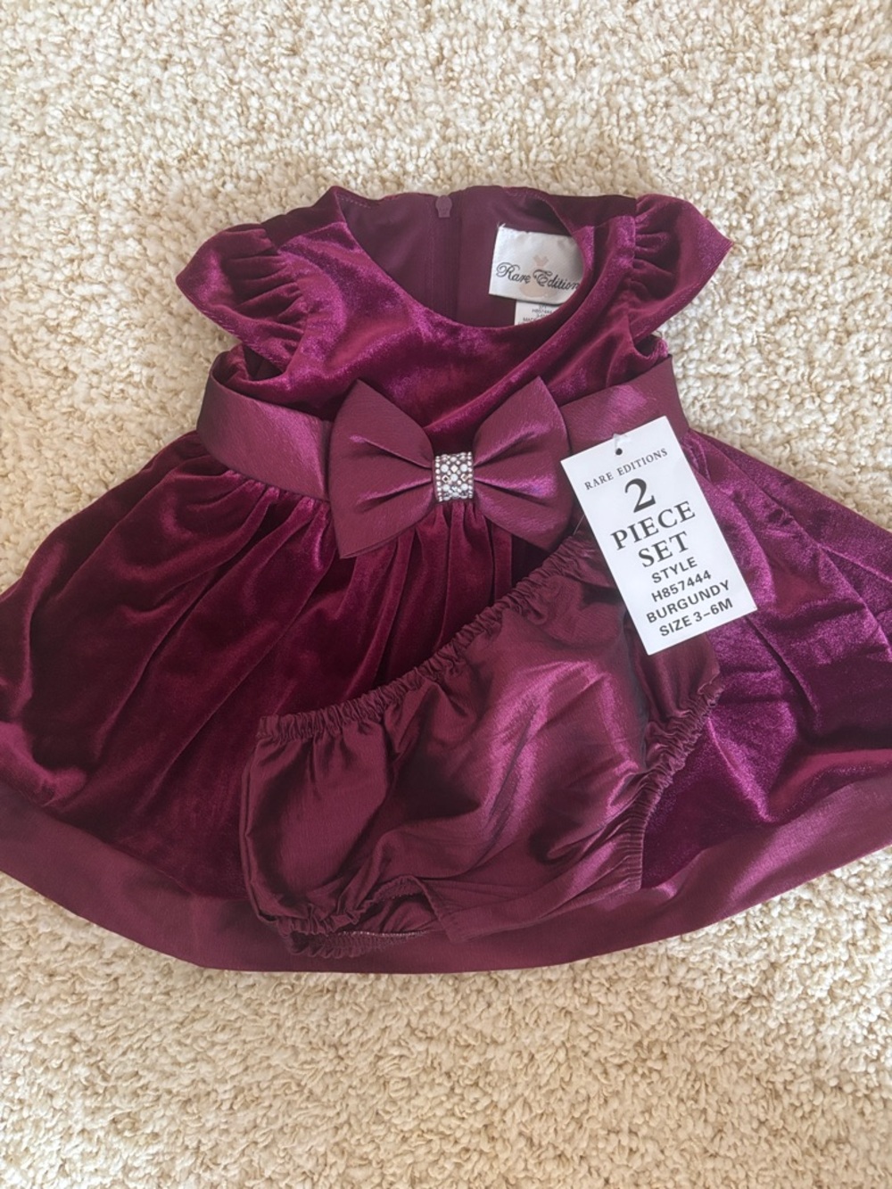 Rare Editions Burgundy Velvet Dress with Bow Accent